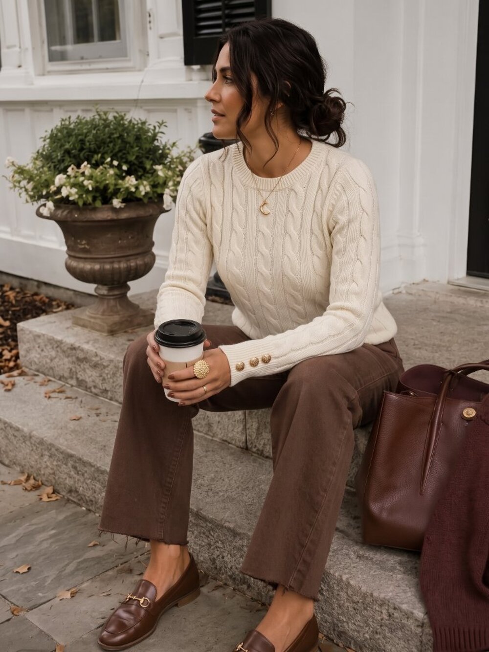 Women's Beige Cable Knit Sweater Crew Neck Long Sleeve Button Cuff Casual Top